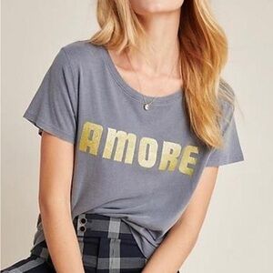Anthropologie "Amore" tee 2X, Charcoal Grey w/gold sparkly lettering